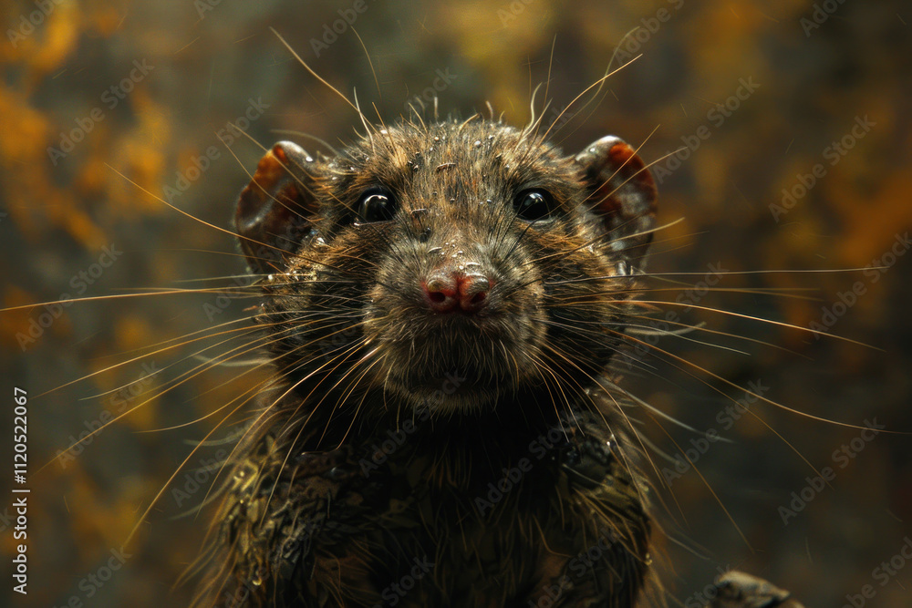 close-up of a wet little rat with a long mustache and large shiny eyes. Its face is lightly covered with drops of water, creating a feeling of moisture and shine. close-up of a wet little rat with a long mustache and large shiny eyes. Its face is lightly covered with drops of water, creating a feeling of moisture and shine.