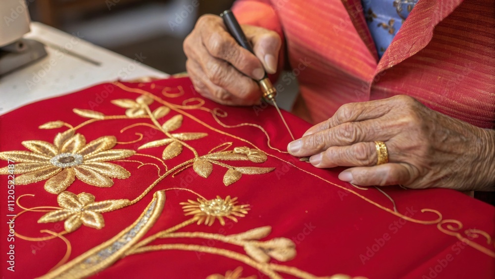 Obraz premium A closeup reveals the tailors hands aged and calloused skillfully embroidering delicate golden motifs onto a vibrant red fabric symbolizing prosperity. Each stitch is precise and