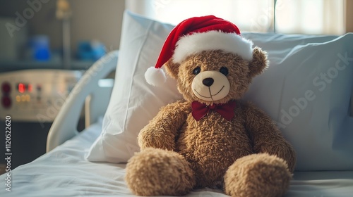 Teddy bear in a Santa hat and bow tie sitting on a hospital bed symbolizing warmth and care during the holidays. photo