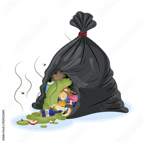 Garbage bag overflowing with waste, flies, and stinky fumes on a white background. Concept of pollution and waste management. Vector illustration