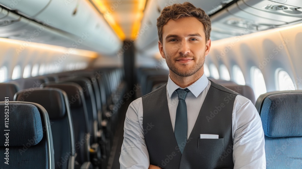 Male flight attendant smiling on empty airplane with folded arms Male flight attendant smiling on empty airplane with folded arms