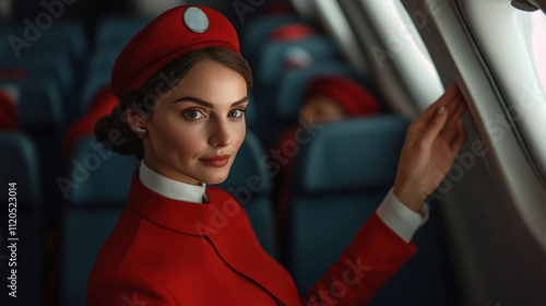 Flight attendant closing airplane window blind before takeoff photo