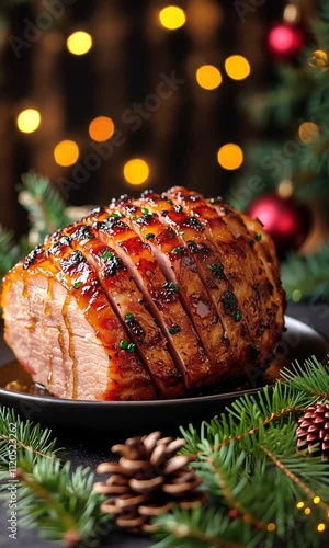 Wallpaper Mural Glazing a Christmas ham with a sweet and savory mixture, surrounded by fresh pine branches and holiday decor Torontodigital.ca
