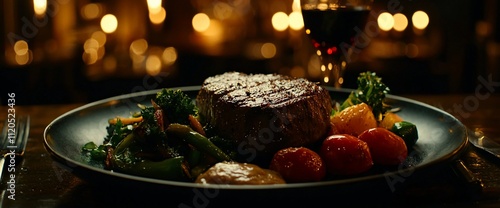 Grilled steak dinner with vegetables and wine.