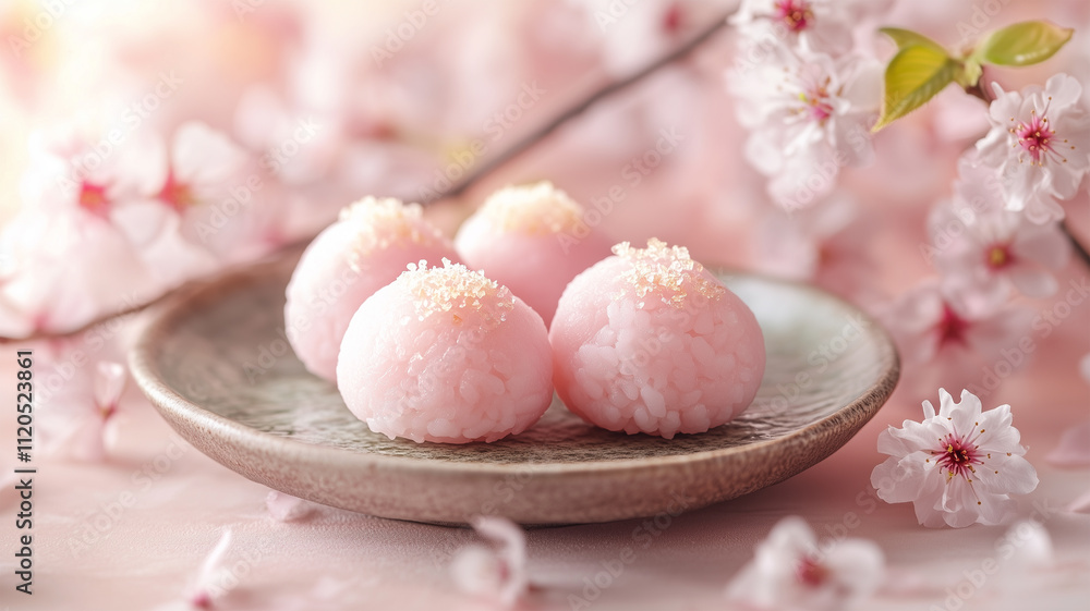 桜の花に囲まれた春を彩る和菓子 桜の花に囲まれた春を彩る和菓子
