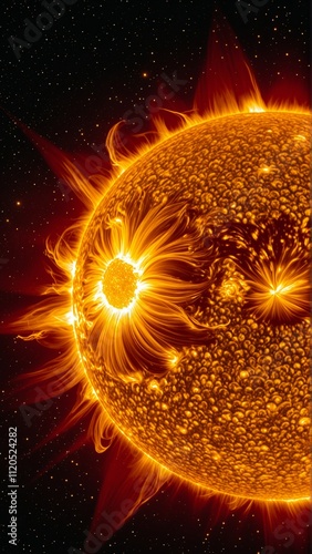 Stunning solar flare with vibrant colors on the sun's surface in deep space photo