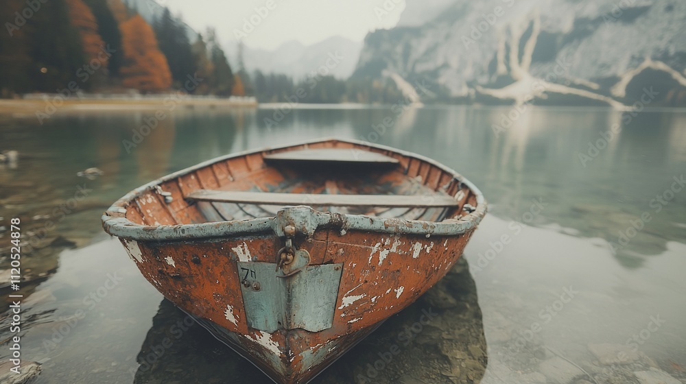 Old rowboat on calm lake shore with mountains. Old rowboat on calm lake shore with mountains.