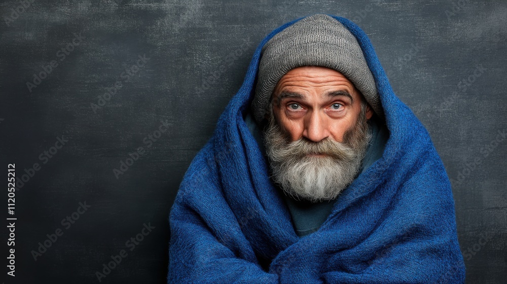 Homeless elderly man wrapped in blue blanket with gray beard and thoughtful expression against dark background Homeless elderly man wrapped in blue blanket with gray beard and thoughtful expression against dark background