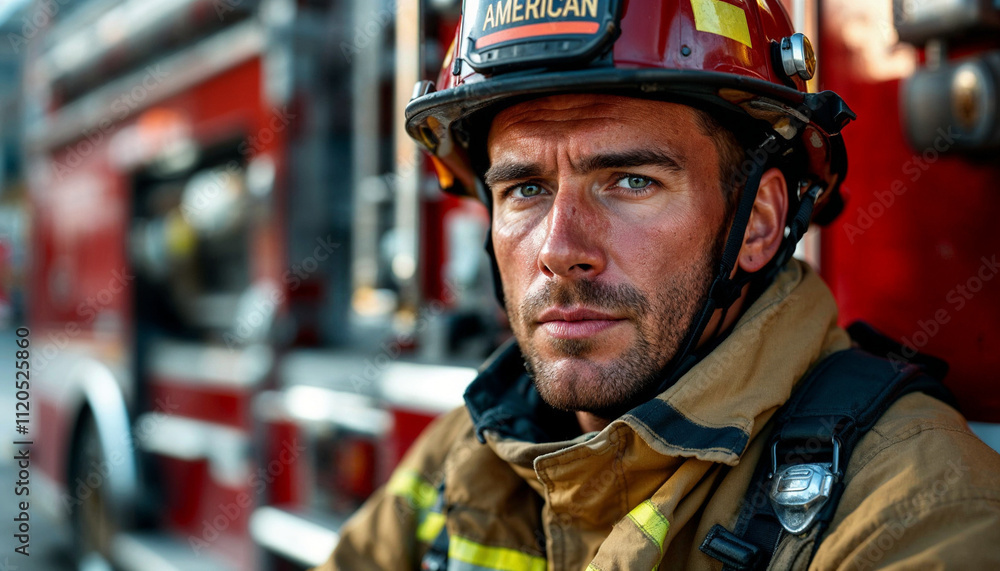 A confident American firefighter in full gear stands beside a red fire truck, embodying heroism.
A confident American firefighter in full gear stands beside a red fire truck, embodying heroism.