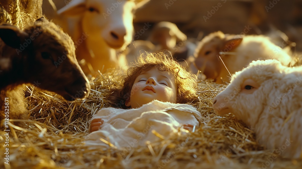 The Nativity scene depicting Infant Jesus resting in a manger on a bed of hay. The Nativity scene depicting Infant Jesus resting in a manger on a bed of hay.