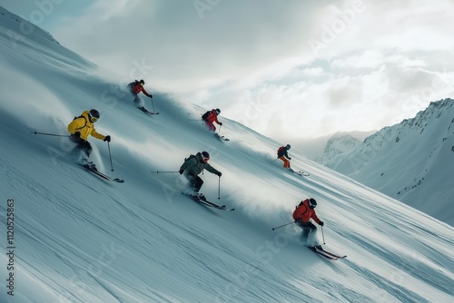 Group of skiers navigating a steep snowy slope amidst a stunning mountain landscape photo