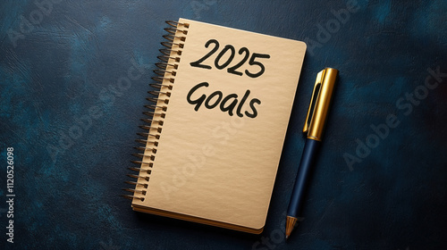 Notebook showing 2025 goals and pen on blue background photo