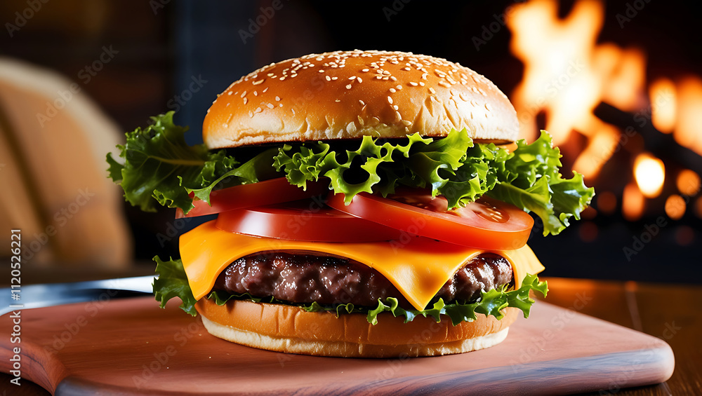 Delicious Cheeseburger with Fresh Vegetables and Crispy Fries - Perfect Food Photography Delicious Cheeseburger with Fresh Vegetables and Crispy Fries - Perfect Food Photography