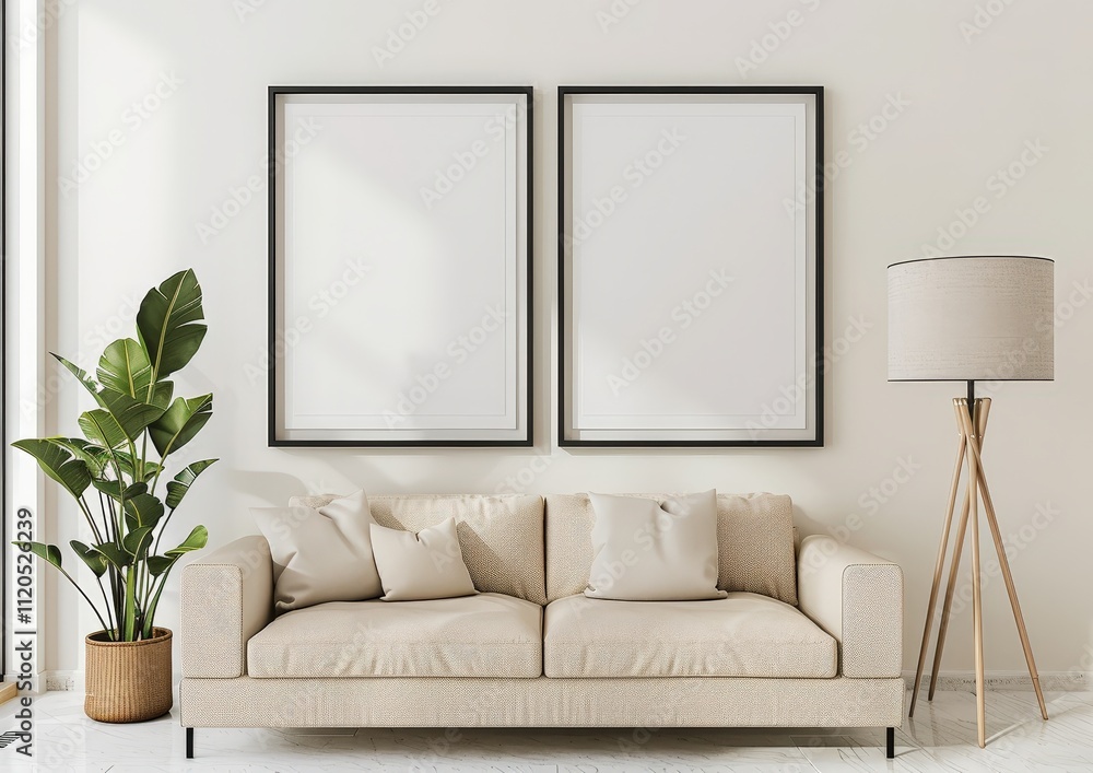 Fototapeta premium Two blank square frames hanging on a wall above a beige sofa in a minimalist living room with a floor lamp. plant. and natural light