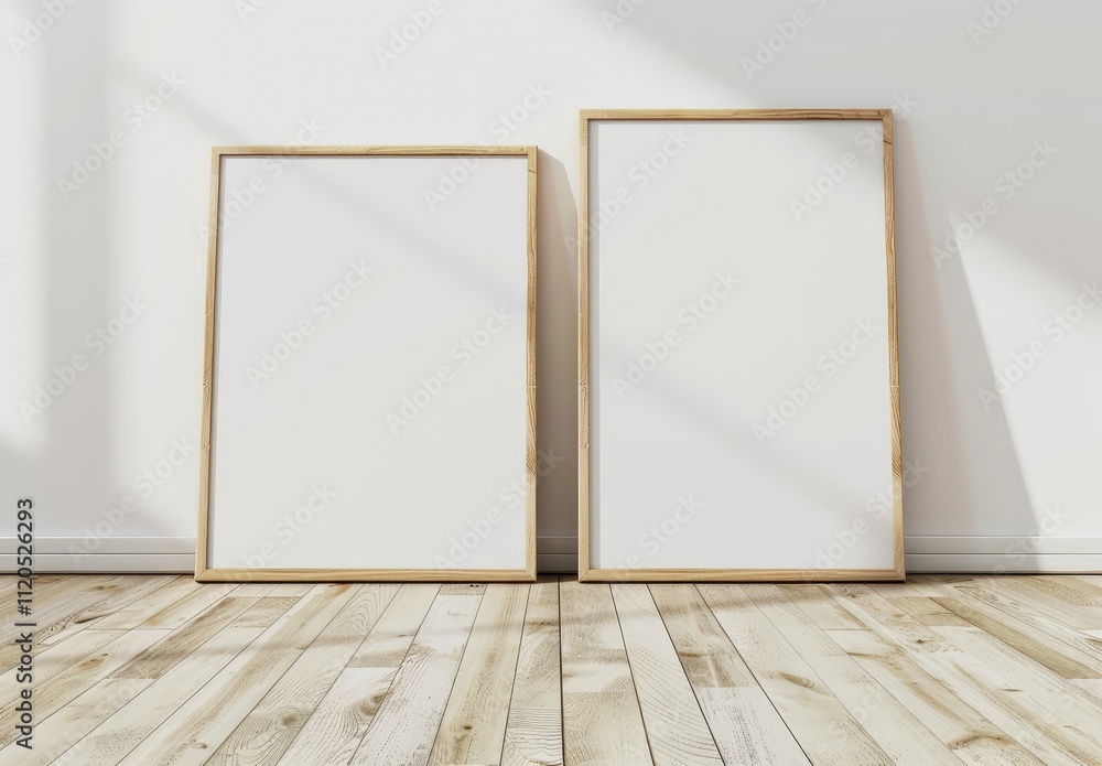 Two blank frames on a wooden floor in a white room Two blank frames on a wooden floor in a white room