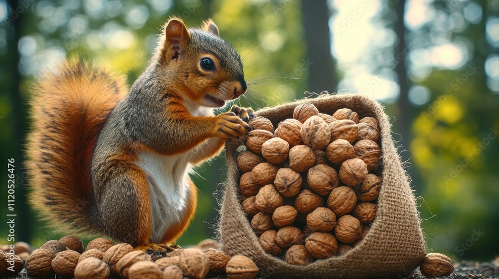 Squirrel eating nuts from burlap sack in forest Squirrel eating nuts from burlap sack in forest