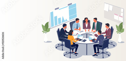 Group of professionals having a business meeting at a round table, modern graphic style, light background. Concept of teamwork. Vector illustration