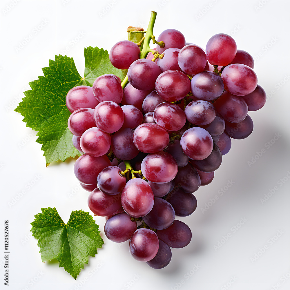 Fototapeta premium Fresh Bunch of Red Grapes with Green Leaves on White Background 