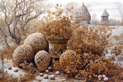 autumn rural scene with dried plants and large balls of thread lying on the ground.   photo