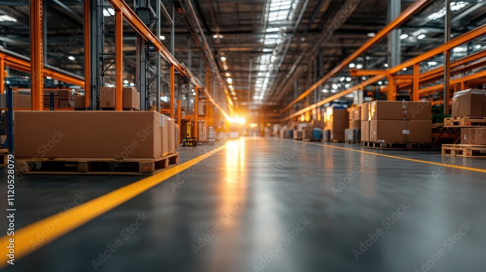 Bright and Spacious Warehouse with Shelves and Boxes, Industrial Interior with Warm Lighting Effect Bright and Spacious Warehouse with Shelves and Boxes, Industrial Interior with Warm Lighting Effect