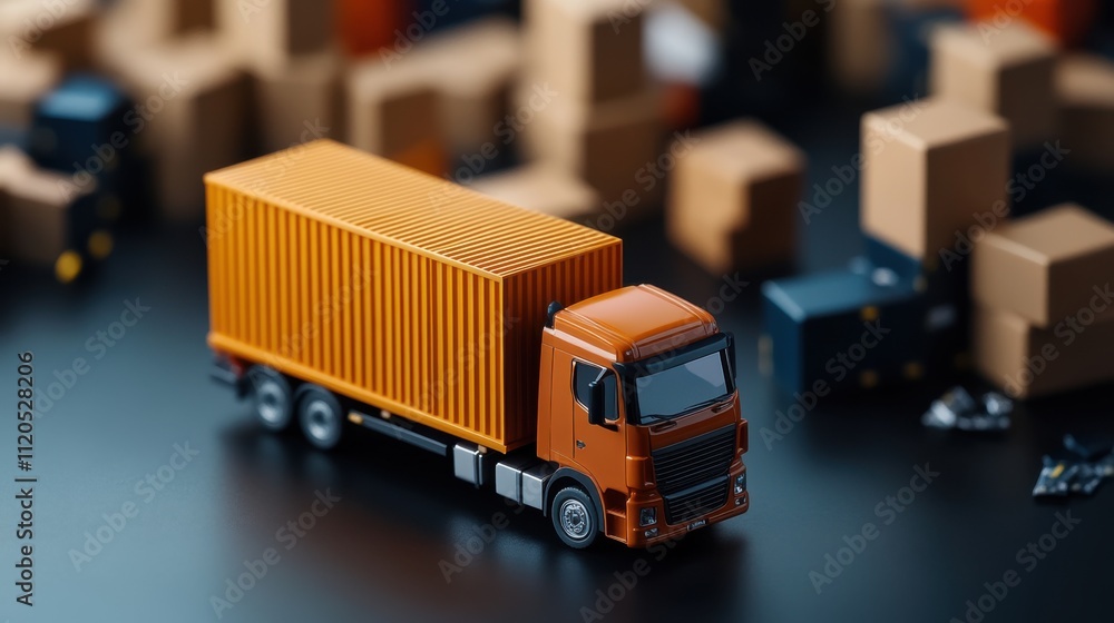 Realistic model of a transport truck with a container surrounded by cardboard boxes on a dark surface Realistic model of a transport truck with a container surrounded by cardboard boxes on a dark surface