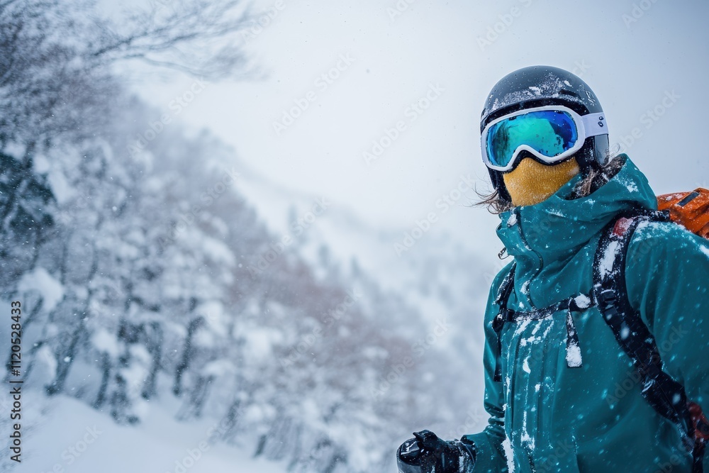 Skier enjoys breathtaking mountain views during a snowy adventure in winter landscape Skier enjoys breathtaking mountain views during a snowy adventure in winter landscape