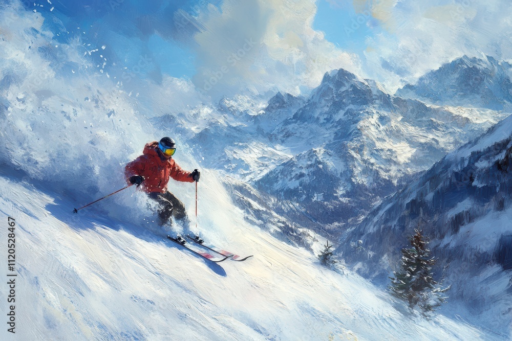 Skier enjoying breathtaking mountain views on a sunny winter day