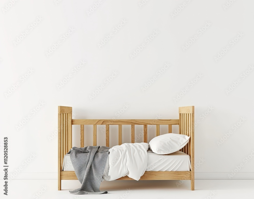 A simple wooden crib with white bedding and a gray blanket in a minimalist white room A simple wooden crib with white bedding and a gray blanket in a minimalist white room