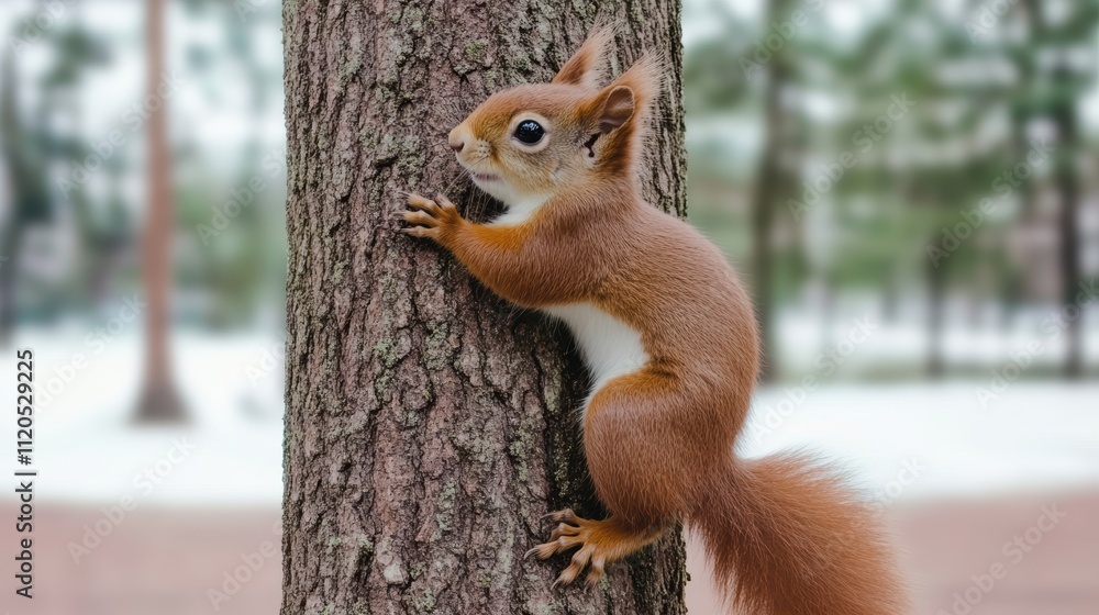 Red squirrel climbing a tree in winter wonderland Red squirrel climbing a tree in winter wonderland