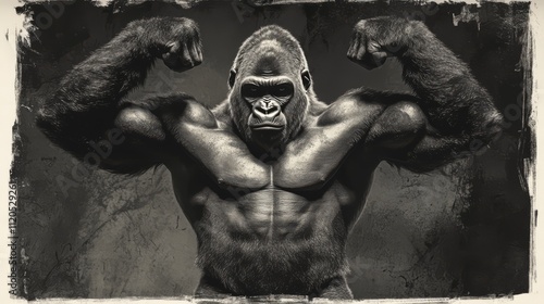 Powerful muscular gorilla flexing biceps.