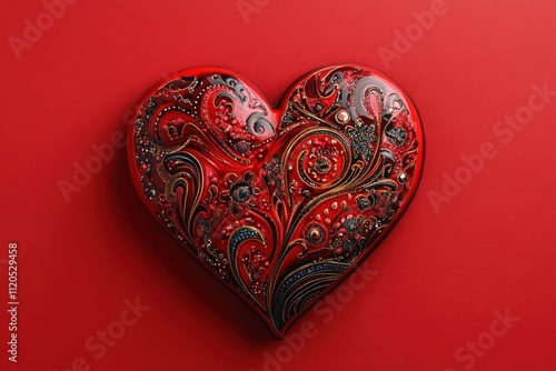 Valentinea??s heart ornament with intricate details on a vibrant red background, symbolizing warmth and affection