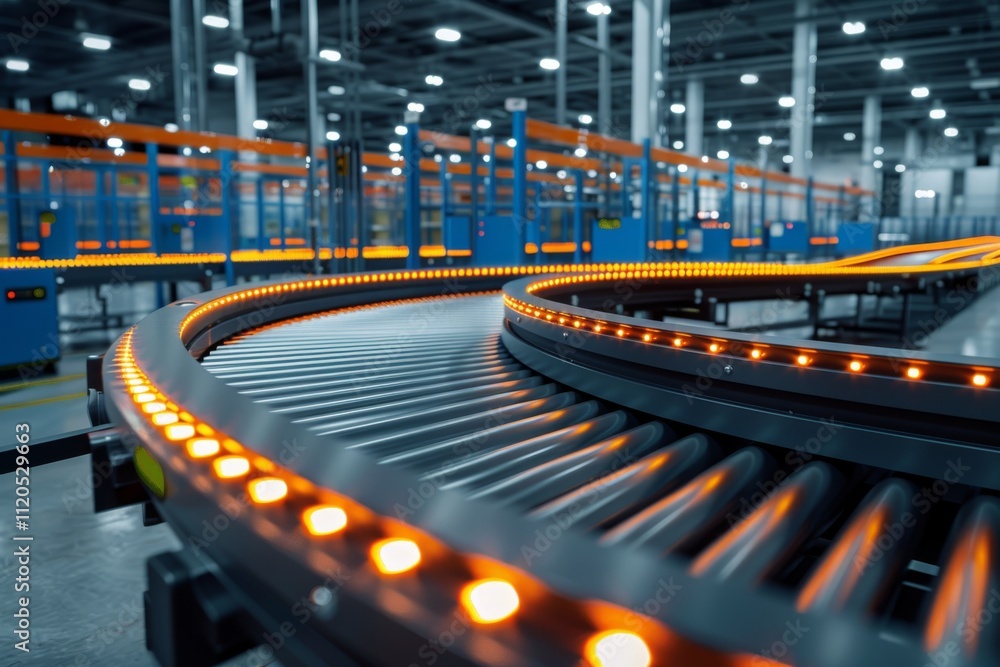 Curved conveyor belt with orange lights in a modern factory. Concept of automation and industrial efficiency. For industrial technology promotions. Curved conveyor belt with orange lights in a modern factory. Concept of automation and industrial efficiency. For industrial technology promotions.