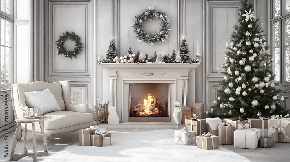 Tranquil Christmas room with white hues, featuring a cozy fireplace, an armchair, and a tree adorned with gifts. Tranquil Christmas room with white hues, featuring a cozy fireplace, an armchair, and a tree adorned with gifts.