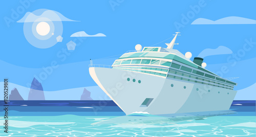 White cruise ship sailing on calm ocean water, modern graphic style, sunny clear skies, concept of travel and vacations. Vector illustration