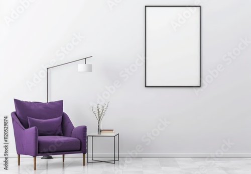 Purple armchair in a minimalist living room with a black framed poster on the wall