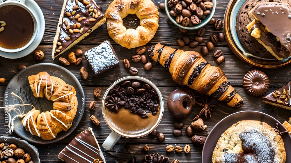 A delightful spread of pastries, coffee, and chocolates arranged on a wooden table. A delightful spread of pastries, coffee, and chocolates arranged on a wooden table.