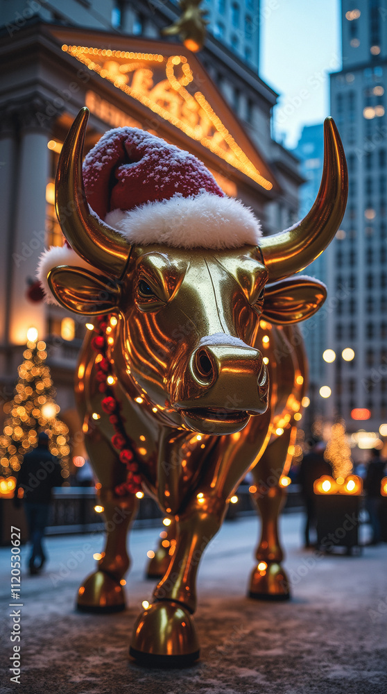 Golden Bull Statue Decorated with Holiday Lights and Ornaments Golden Bull Statue Decorated with Holiday Lights and Ornaments