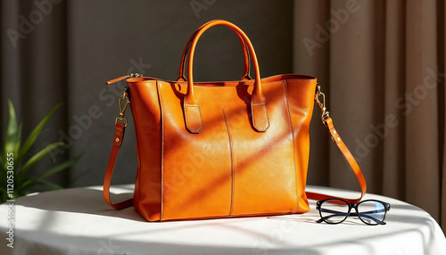 An orange leather tote bag with handles and a shoulder strap, paired with eyeglasses.

 photo