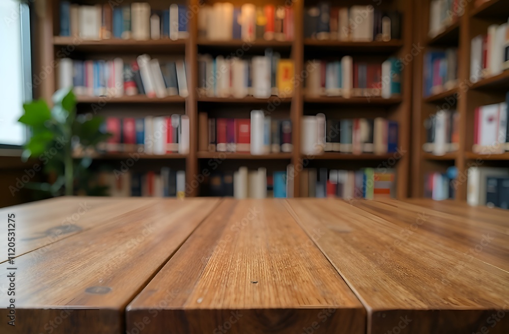Wooden table with free surface for your product, books on the shelves in library. Template. Wooden table with free surface for your product, books on the shelves in library. Template.