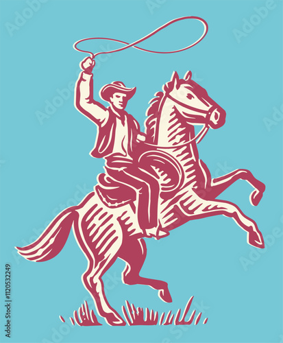 Cowboy with lasso on rearing horse. Rodeo emblem. Hand drawn vector illustration