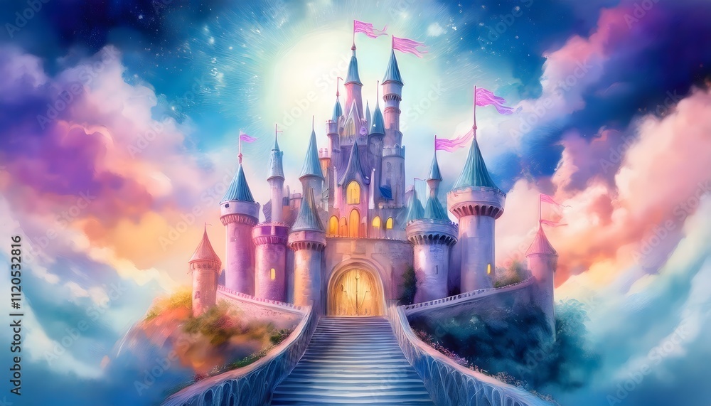 Fototapeta premium Digital Painting of a Castle on a Mountaintop
