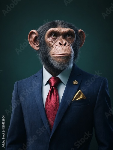 A monkey in a suit and tie with a gold pocket square. photo