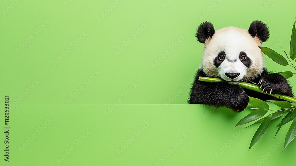 Adorable panda cub peeking over green background, eating bamboo. Adorable panda cub peeking over green background, eating bamboo.