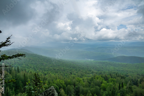 heavy summer rain and fog in the taiga