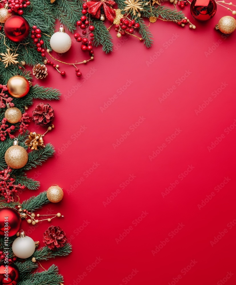 Festive Christmas decorations displayed on a vibrant red background, creating a cheerful atmosphere with ample space for personalized text. Festive Christmas decorations displayed on a vibrant red background, creating a cheerful atmosphere with ample space for personalized text.