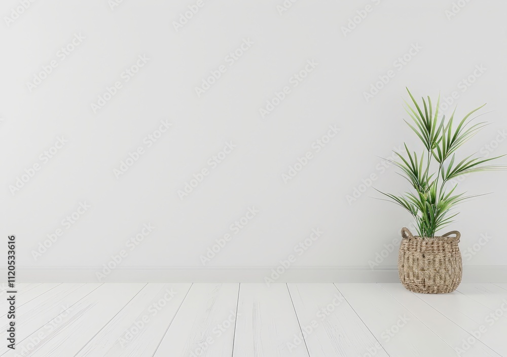 Minimalist white wall with wooden floor and a potted plant in a wicker basket Minimalist white wall with wooden floor and a potted plant in a wicker basket