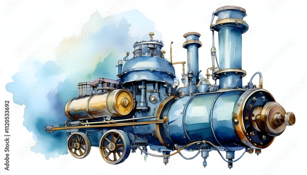 Fototapeta premium Watercolor Illustration of a Steam-Powered Engine