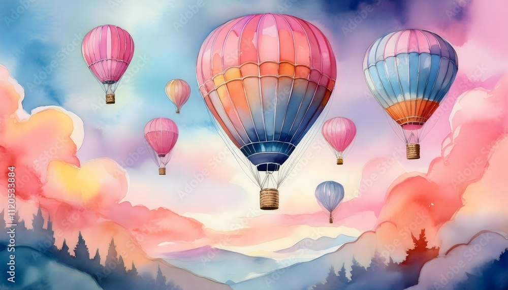 Fototapeta premium Watercolor Illustration of Hot Air Balloons in a Pastel Sky over Mountains