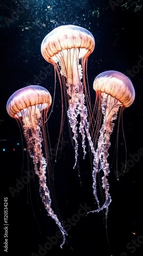 A group of jellyfish floating in the water at night. photo