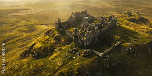 A bird's-eye view of castle ruins scattered across a grassy plain photo